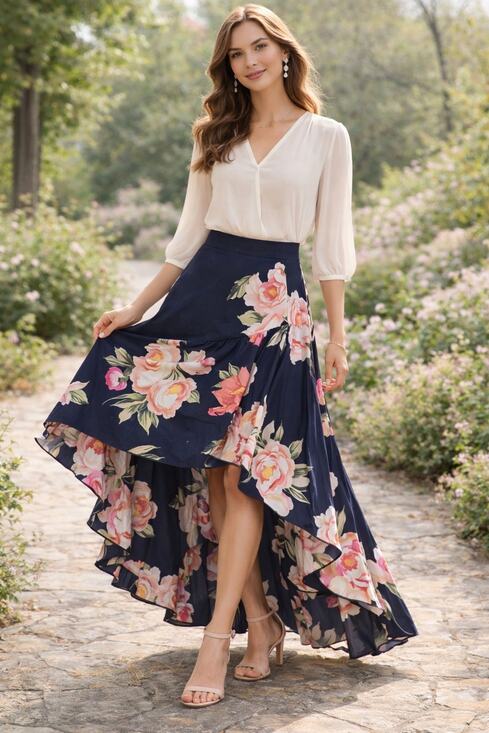 Eliza J Dresses & Skirts - Eliza J Navy Floral High Low Cascade Ruffle Womens 6 Wedding/Peasant Skirt